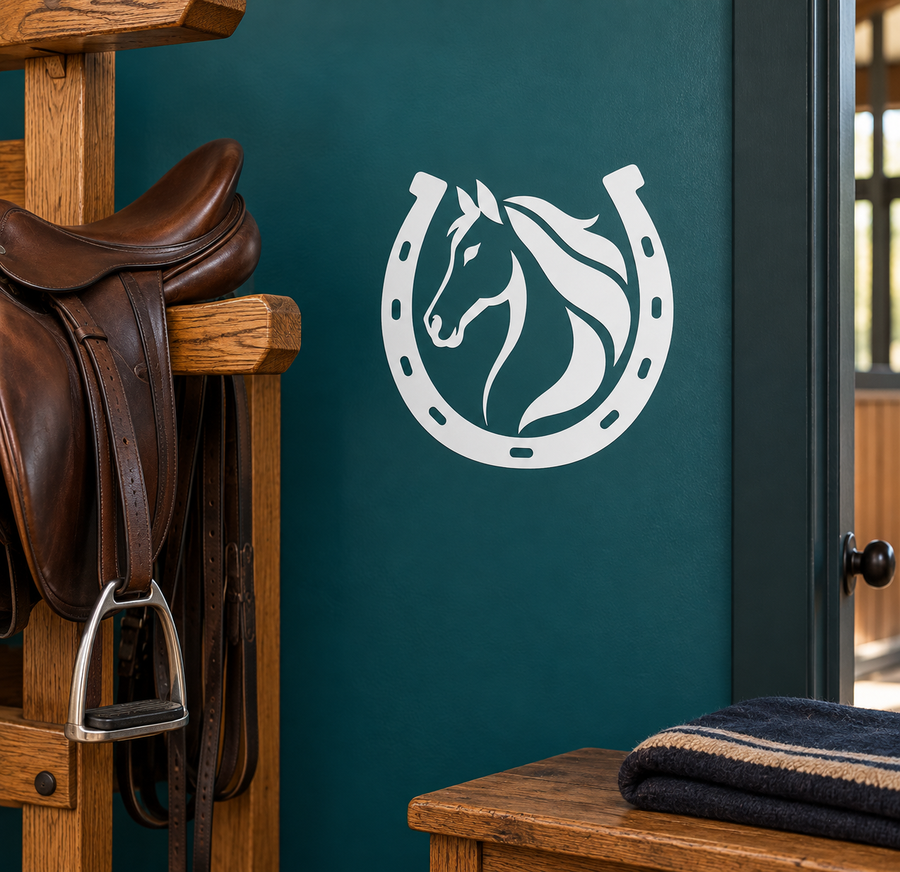 White vinyl horse-and-horseshoe decal with centered horse silhouette