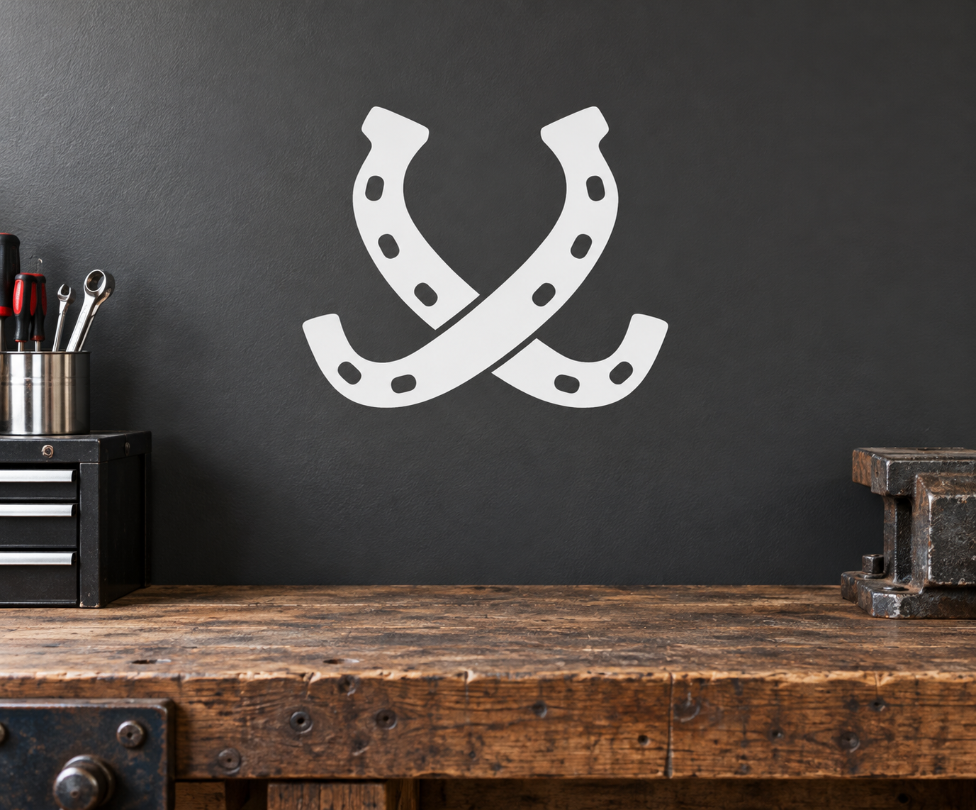 Crossed horseshoe vinyl decal, white with dotted cutouts