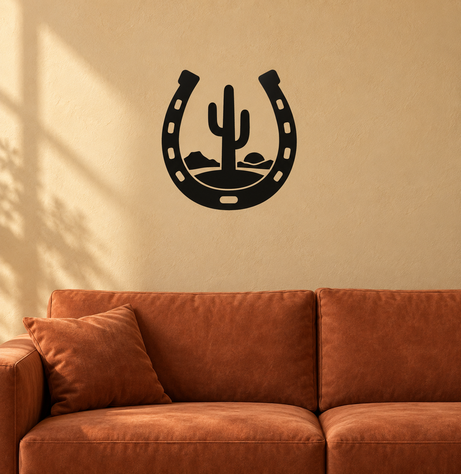 Black horseshoe vinyl decal with desert cactus and landscape silhouette