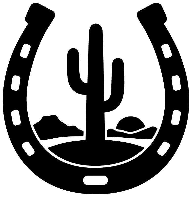 Black horseshoe vinyl decal featuring a cactus, dunes, and horseshoe outline