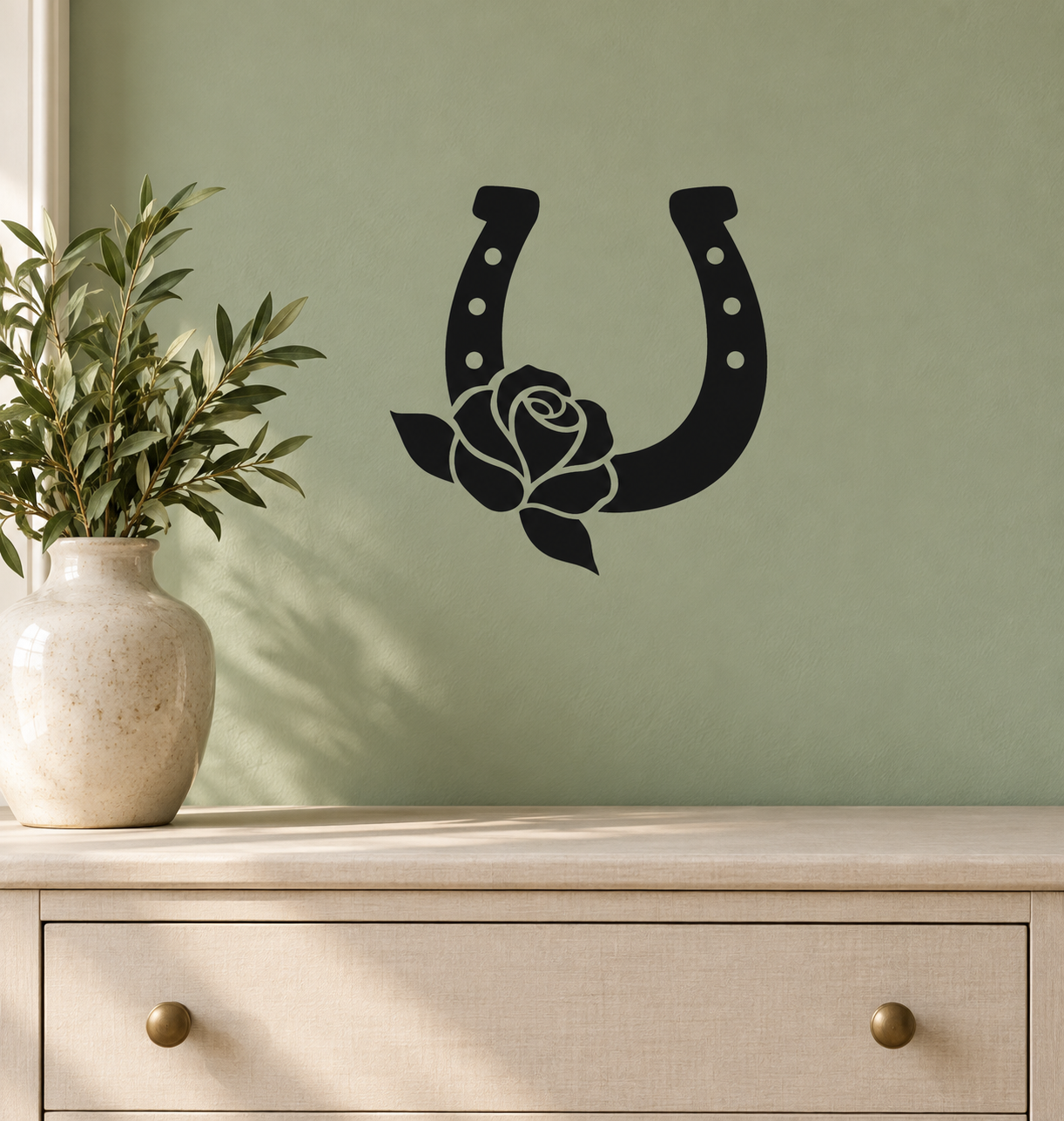 Black horseshoe vinyl decal with rose and dot accents