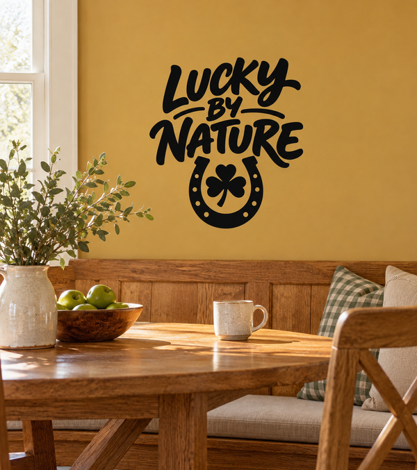 Lucky by Nature vinyl decal with black horseshoe and clover