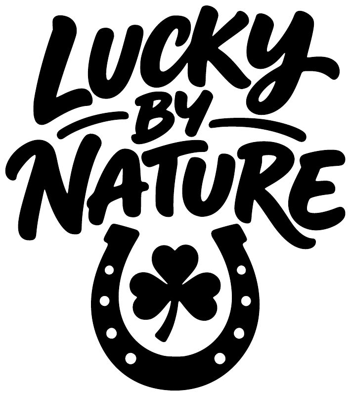 Lucky by Nature vinyl decal, black script text with clover horseshoe
