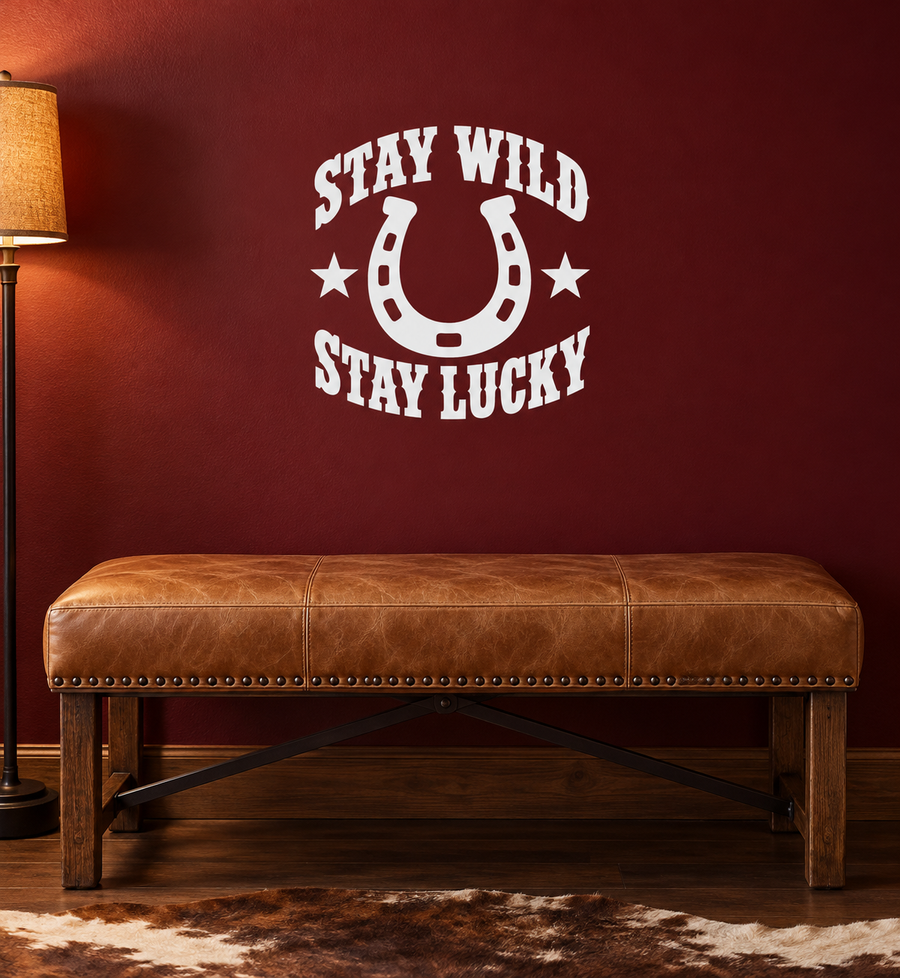 Vinyl wall decal with horseshoe and 'Stay Wild Stay Lucky' text and stars