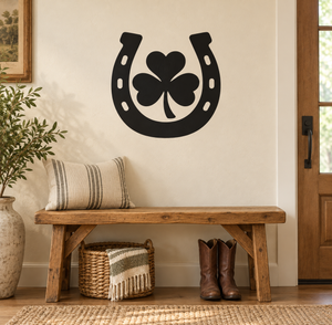 Black horseshoe vinyl decal with four-leaf clover center