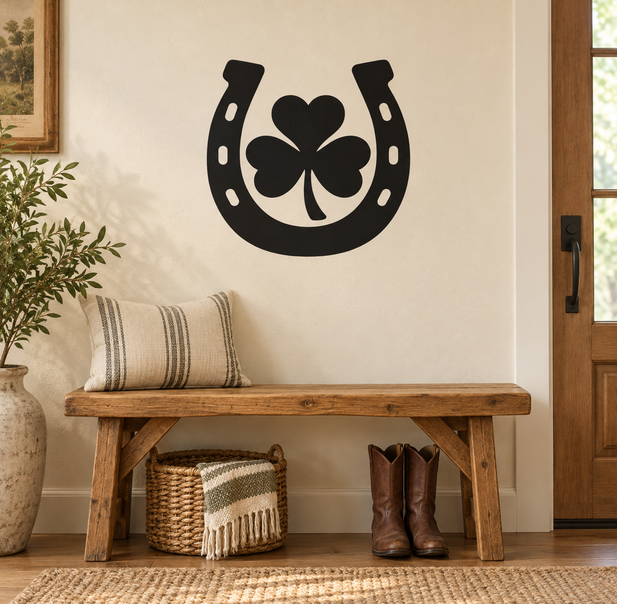 Black horseshoe vinyl decal with four-leaf clover center
