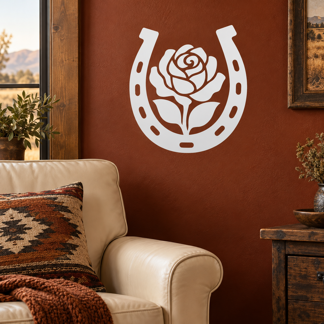 White horseshoe and rose vinyl decal centered on a wall