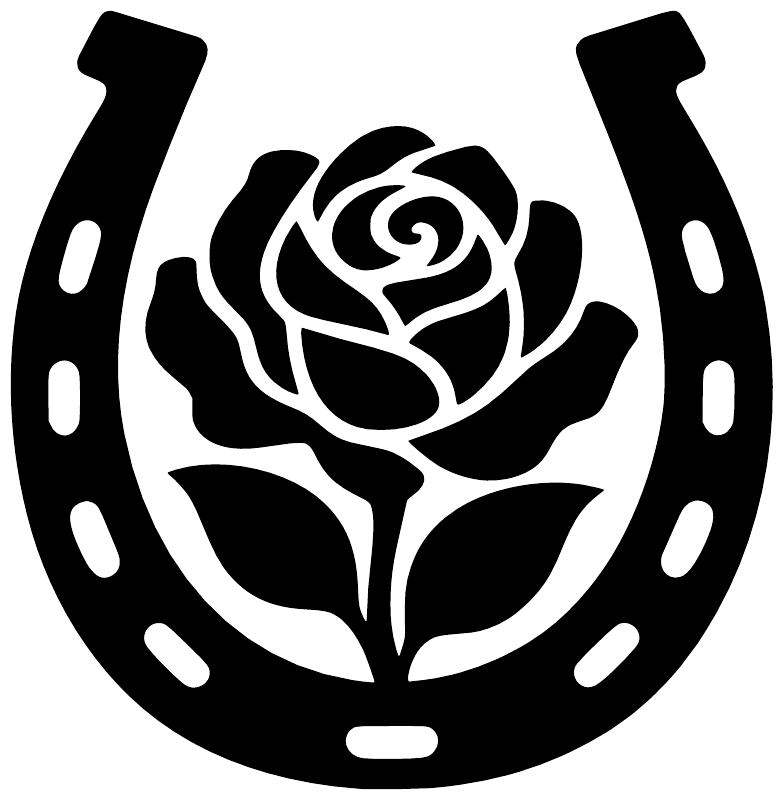 Black horseshoe with white rose vinyl decal close-up