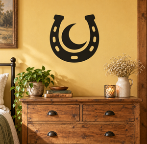 Black horseshoe vinyl decal with centered crescent moon and small oval cutouts