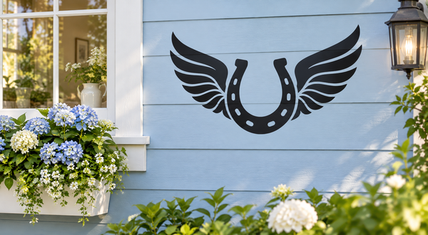 Horseshoe with wings vinyl decal, black outline on light blue siding