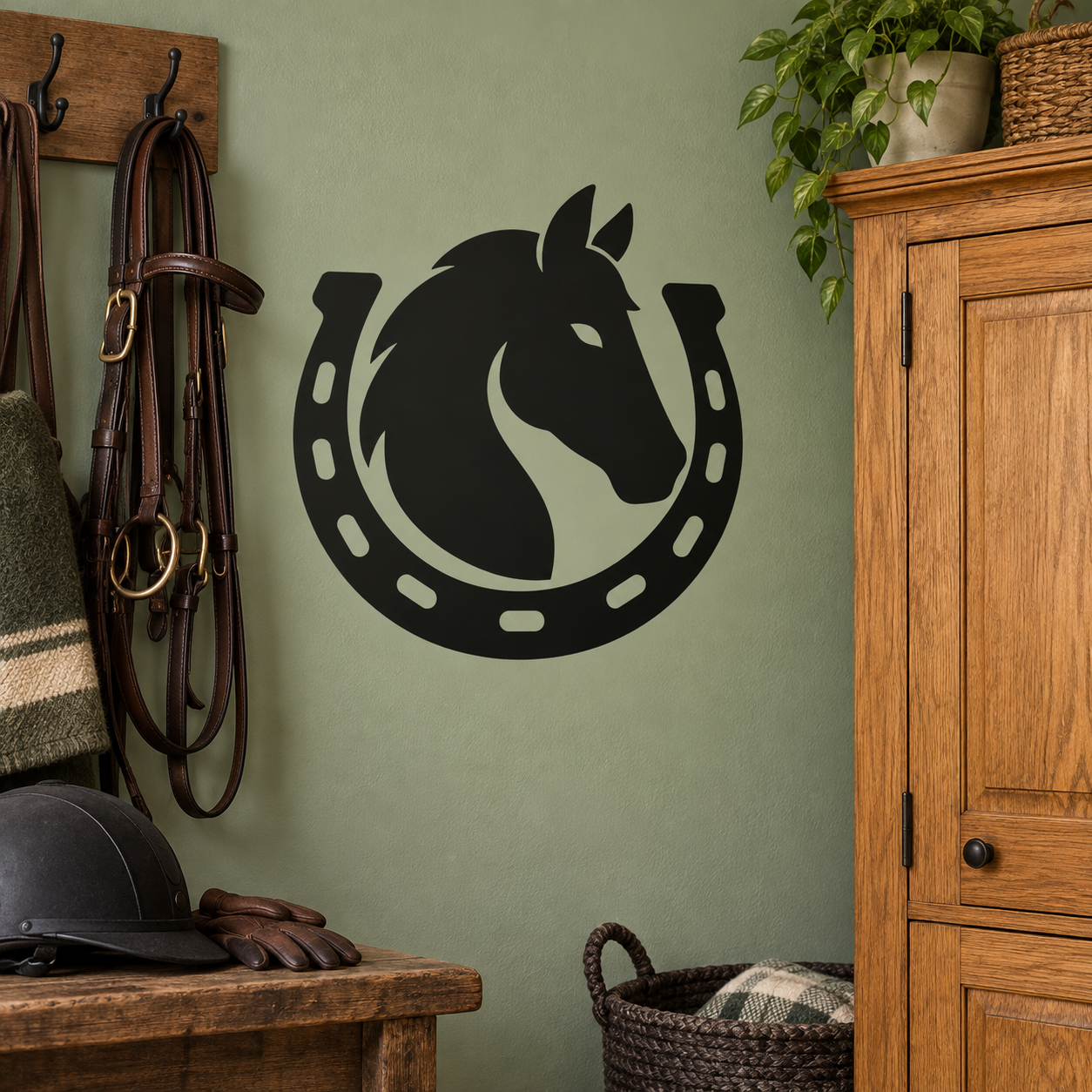 Black horseshoe vinyl decal with horse head centered