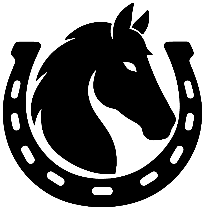 Black horse head inside horseshoe vinyl decal, bold silhouette
