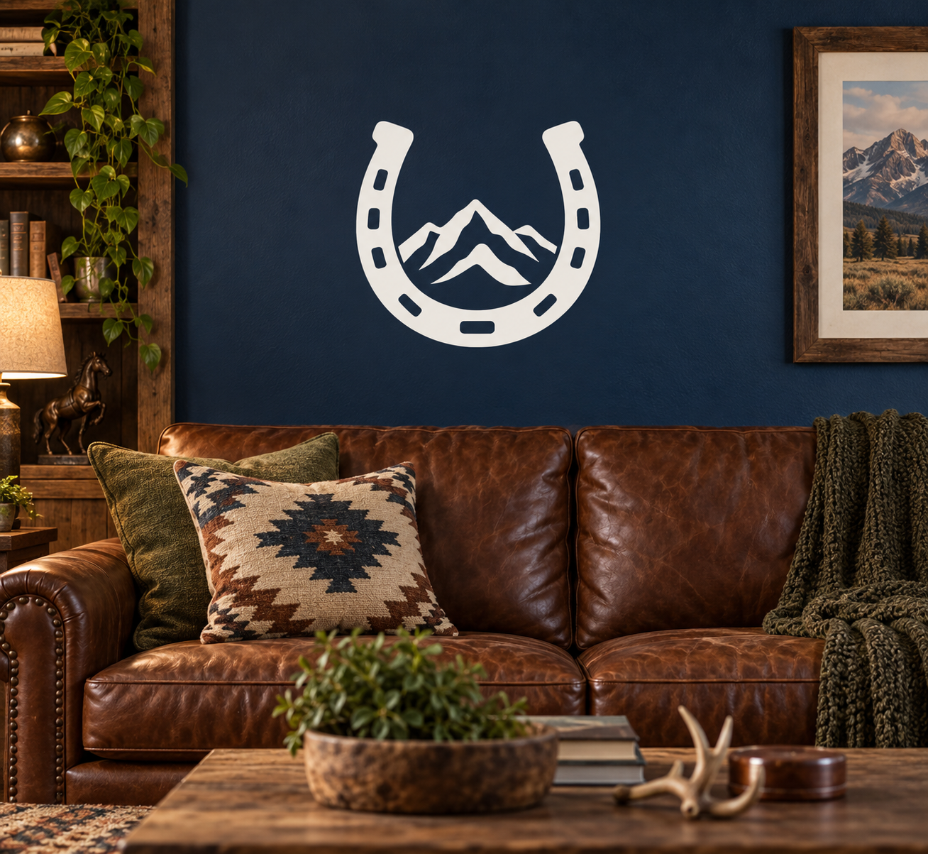 White horseshoe vinyl decal with mountain range graphic inside and cutout studs