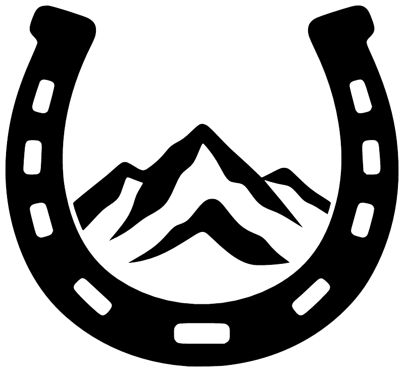 Black horseshoe vinyl decal with white border, central mountain peaks and studs