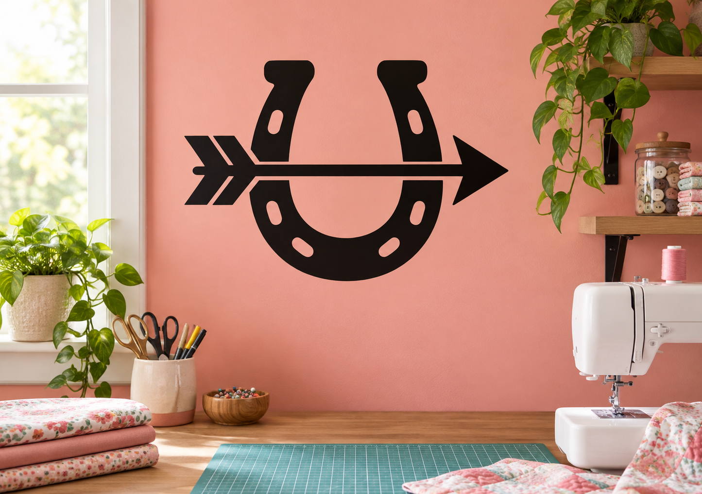 Black horseshoe vinyl decal with arrow, wall-ready shape for home decor