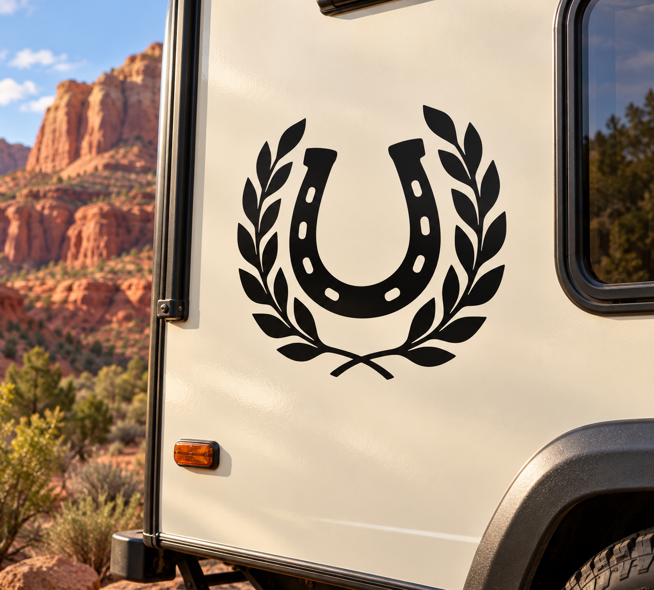 Horseshoe and laurel vinyl decal, black horseshoe with laurel leaves on trailer
