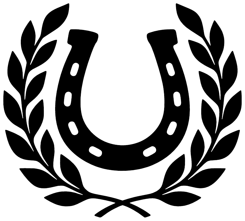 Black horseshoe vinyl decal with symmetrical laurel branches, centered on white