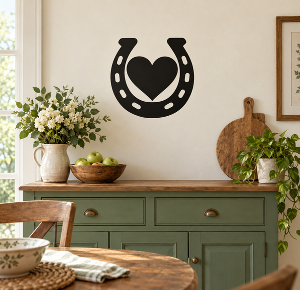Black horseshoe vinyl decal with centered heart for easy wall application