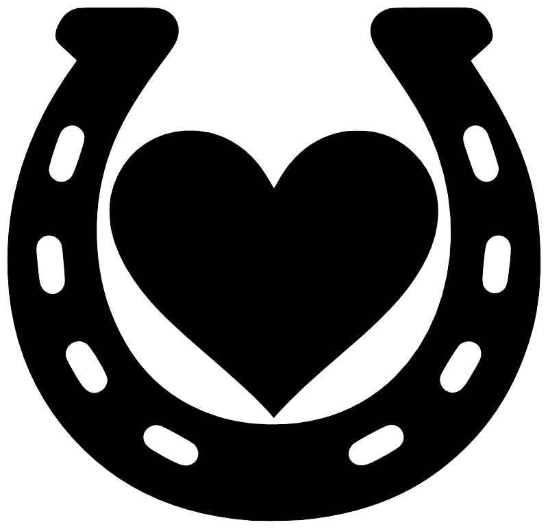 Close-up of black horseshoe vinyl decal with heart center and white cutouts