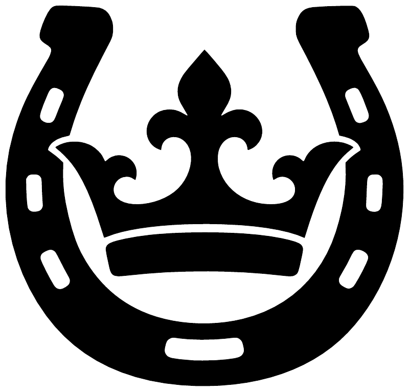 Close-up of black horseshoe and crown vinyl decal, white highlights on horseshoe shape