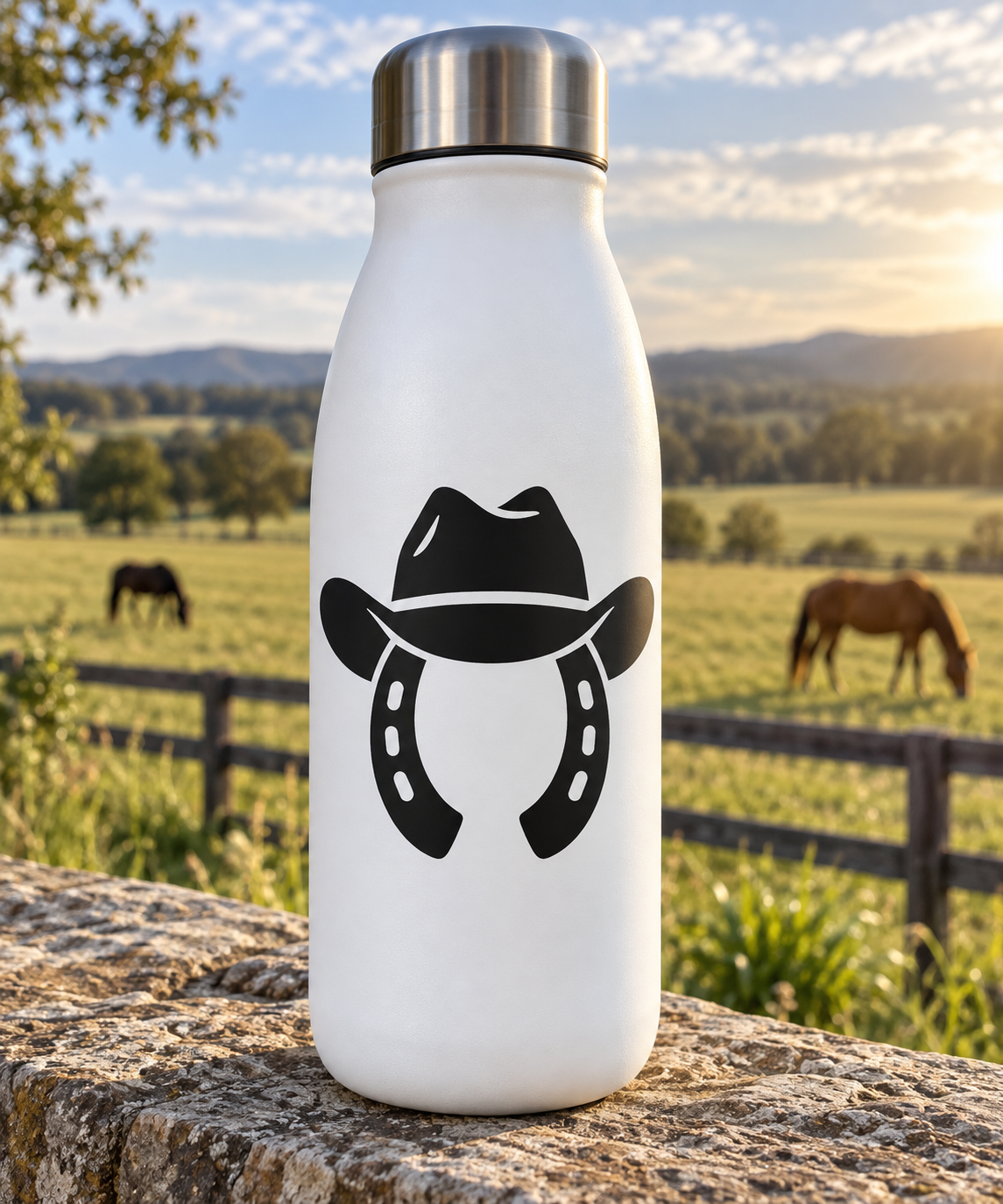 Cowboy hat and horseshoe vinyl decal graphic in black on white bottle