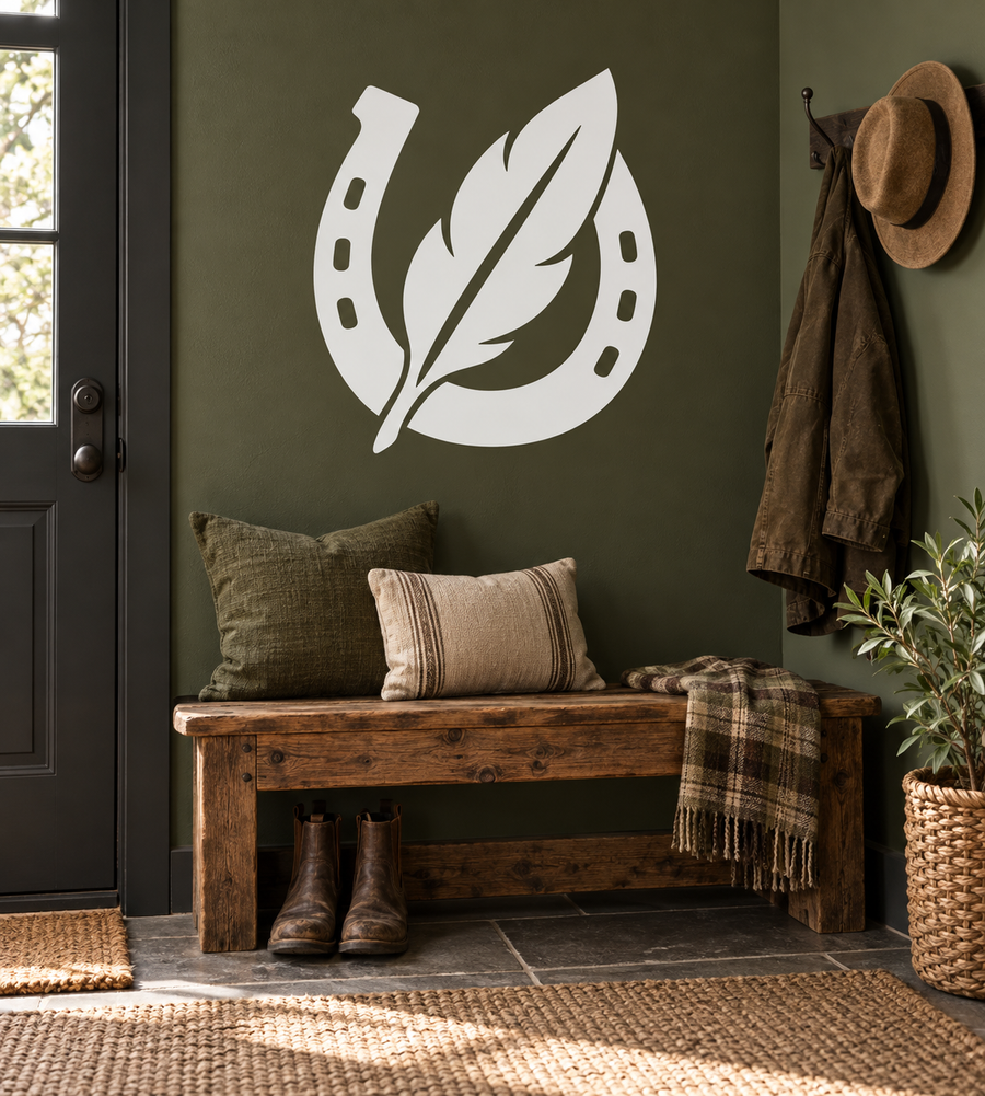 White horseshoe and feather vinyl wall decal with small oval cutouts