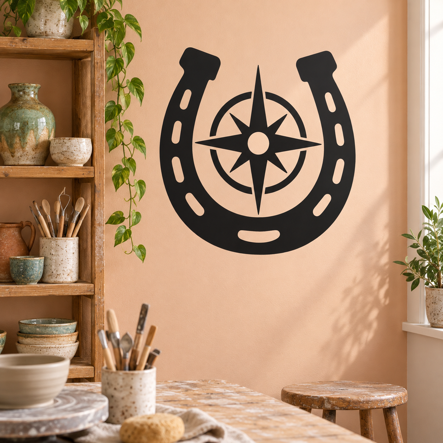 Horseshoe and open compass vinyl decal, black horseshoe with compass rose and star accents