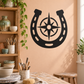 Horseshoe and open compass vinyl decal, black horseshoe with compass rose and star accents