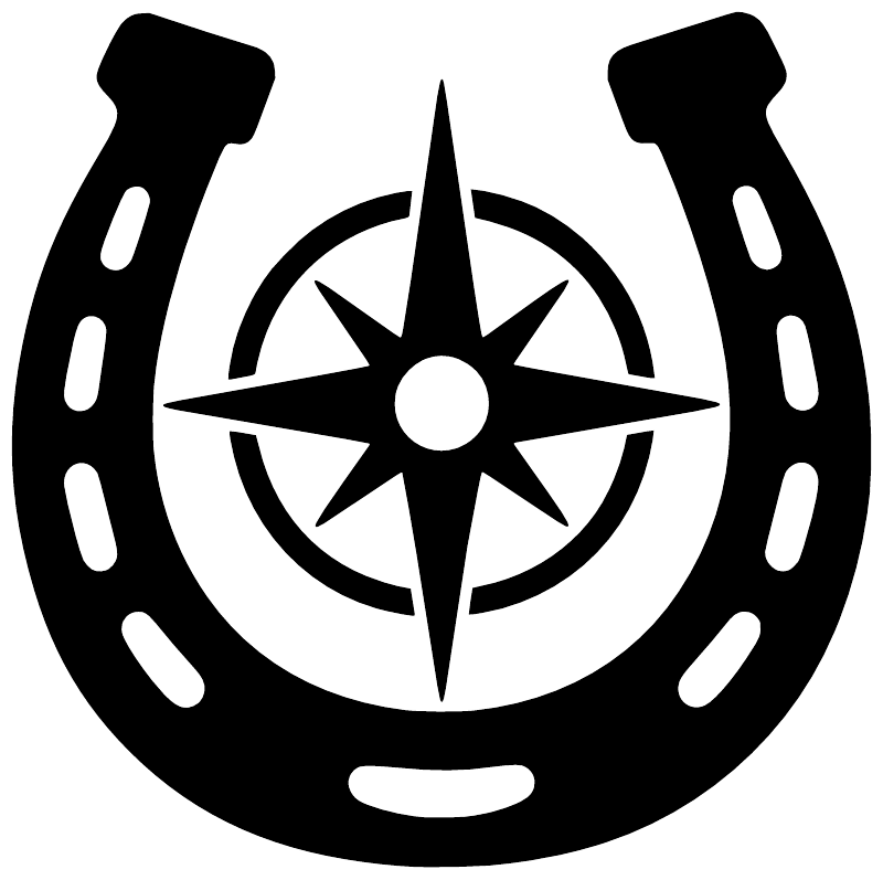 Black horseshoe vinyl decal with open compass rose and four-pointed star center