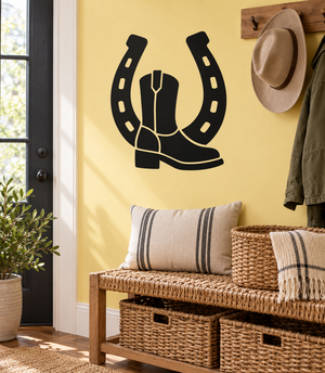 Horseshoe and boot vinyl decal with black horseshoe and boot graphic.