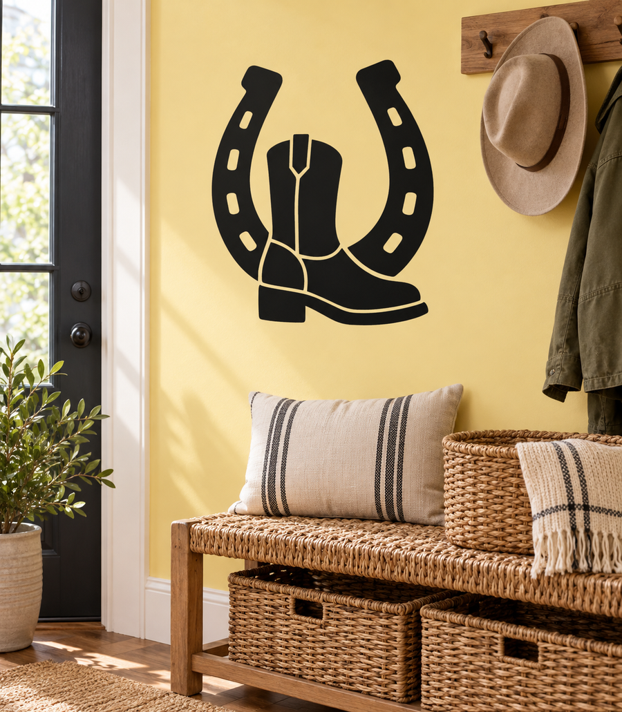 Horseshoe and boot vinyl decal with black horseshoe and boot graphic.