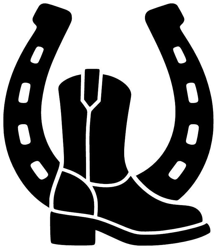 Close-up horseshoe and boot vinyl decal in black with centered boot and horseshoe.