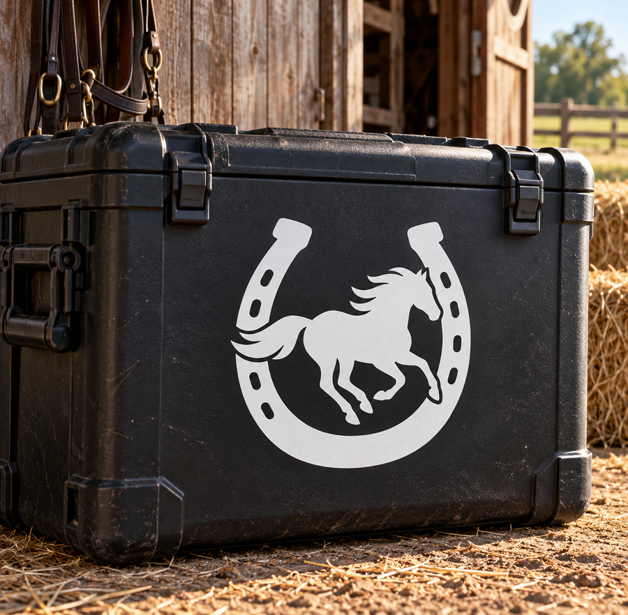 Horseshoe and running horse vinyl decal on dark surface with white graphic