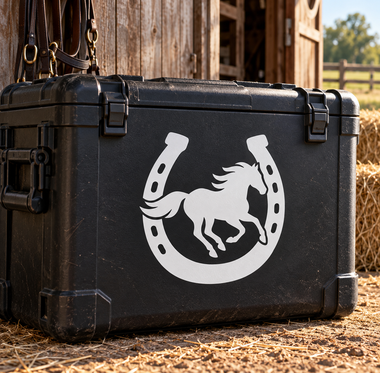 Horseshoe and running horse vinyl decal on dark surface with white graphic