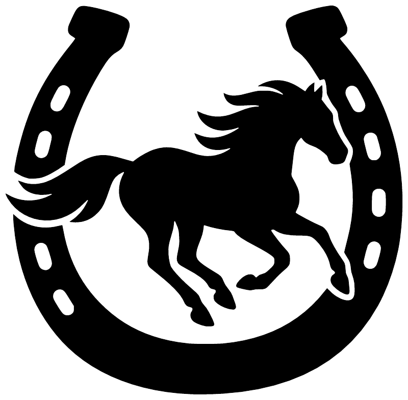 Horseshoe and running horse vinyl decal, black horseshoe with white horse silhouette