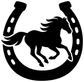 Horseshoe and running horse vinyl decal, black horseshoe with white horse silhouette