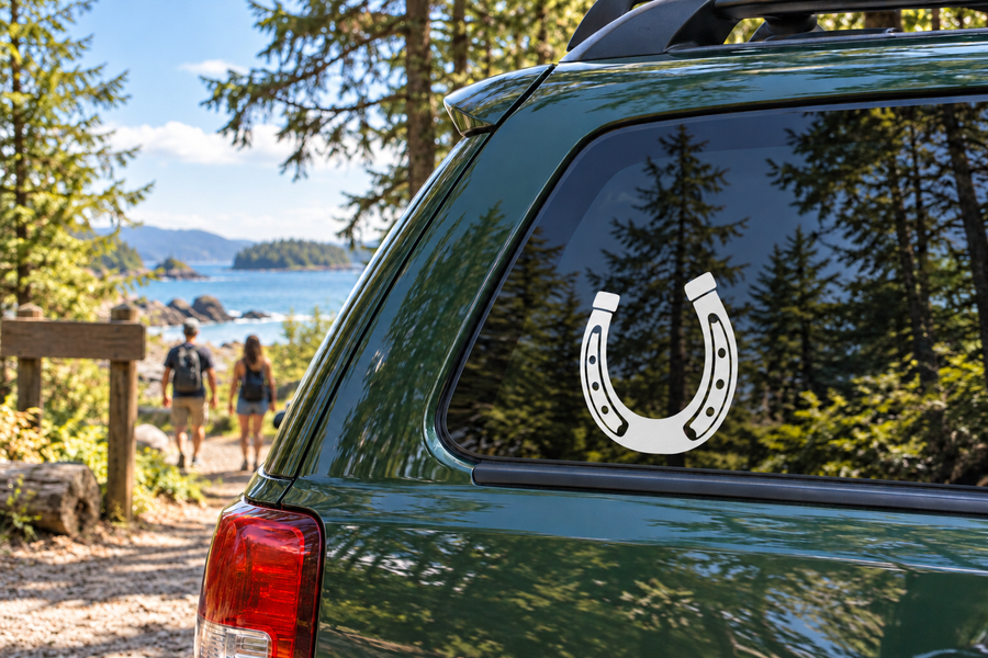 White grooved horseshoe vinyl decal with six nail holes for vehicles