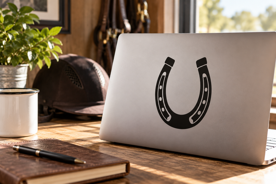 Black horseshoe vinyl decal with dotted trim on a laptop surface