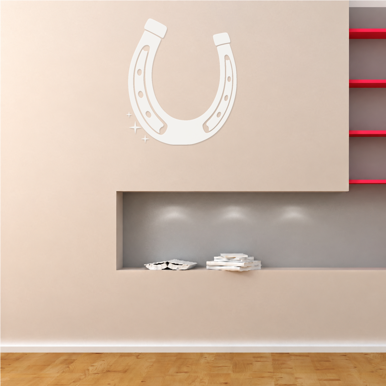 White mirrored horseshoe wall decor with grooved edges and nail holes