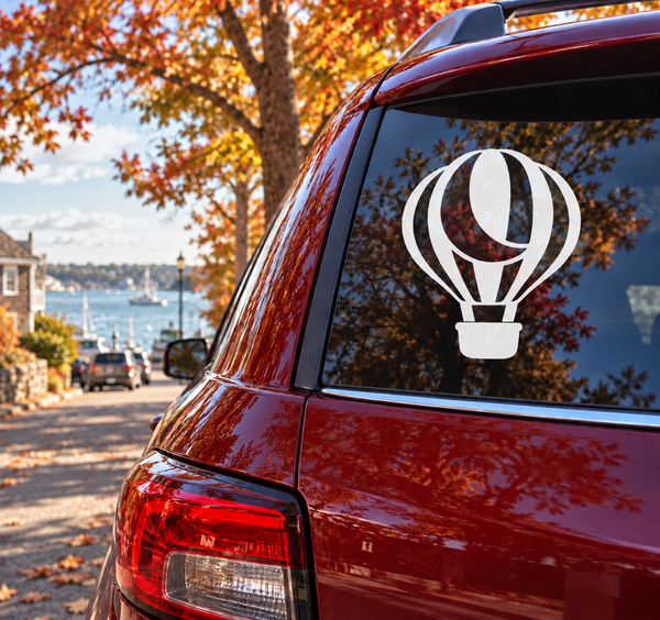 Hot air balloon crescent canopy vinyl decal on vehicle rear window, black and white