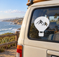 Hot air balloon window vinyl decal with black mountain silhouette inside a white circle