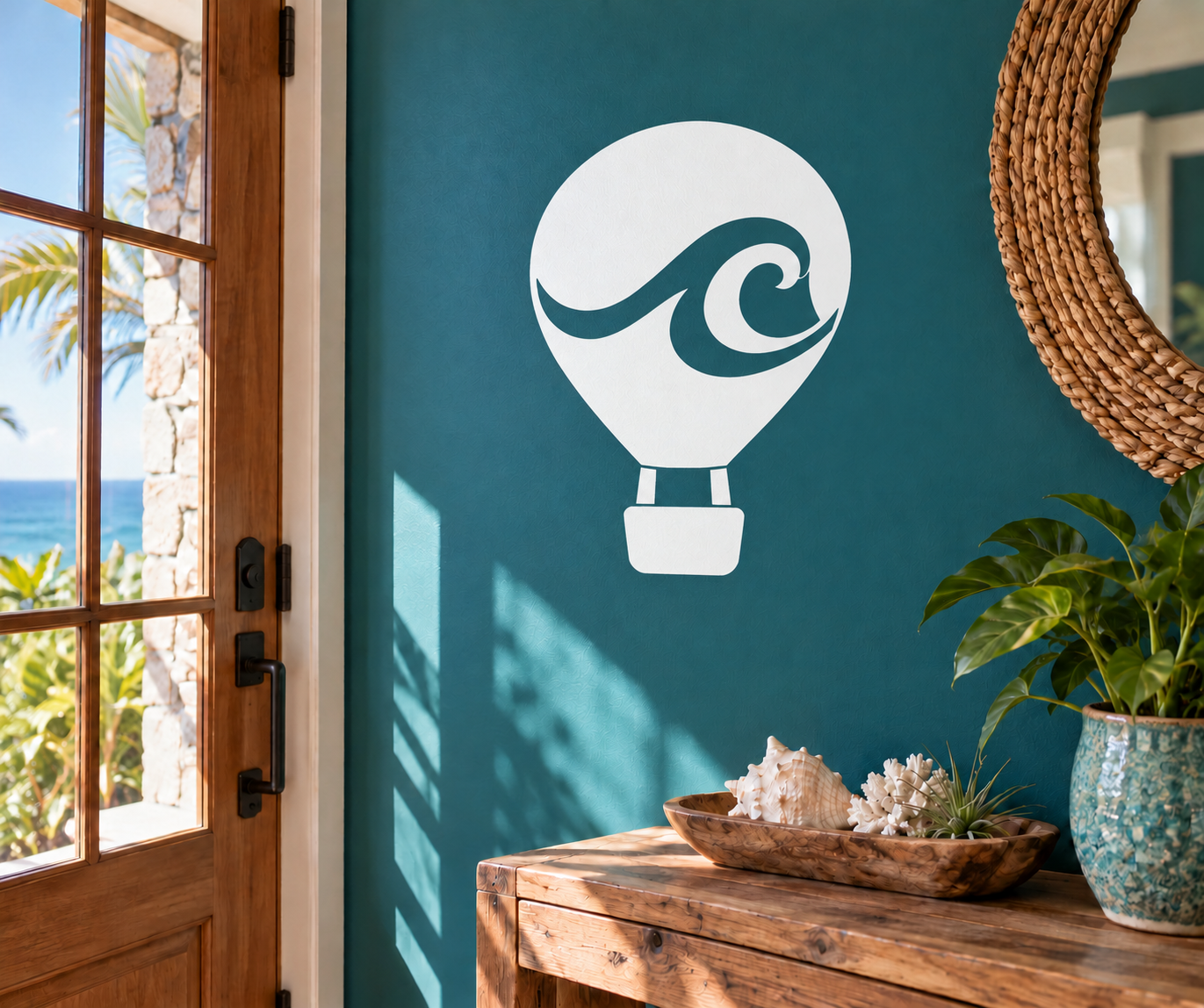 Ocean-themed hot air balloon vinyl decal with teal wave design inside a white balloon