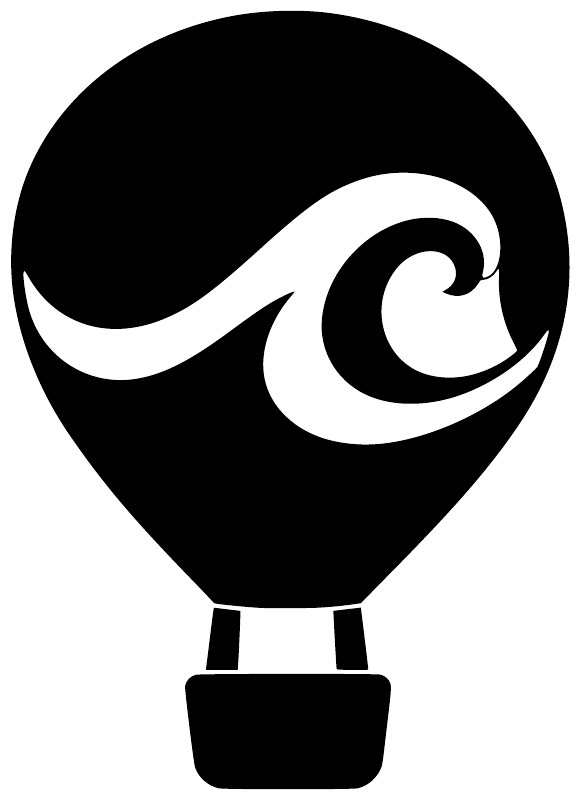 Hot air balloon vinyl decal in black and white with swirling ocean wave graphic