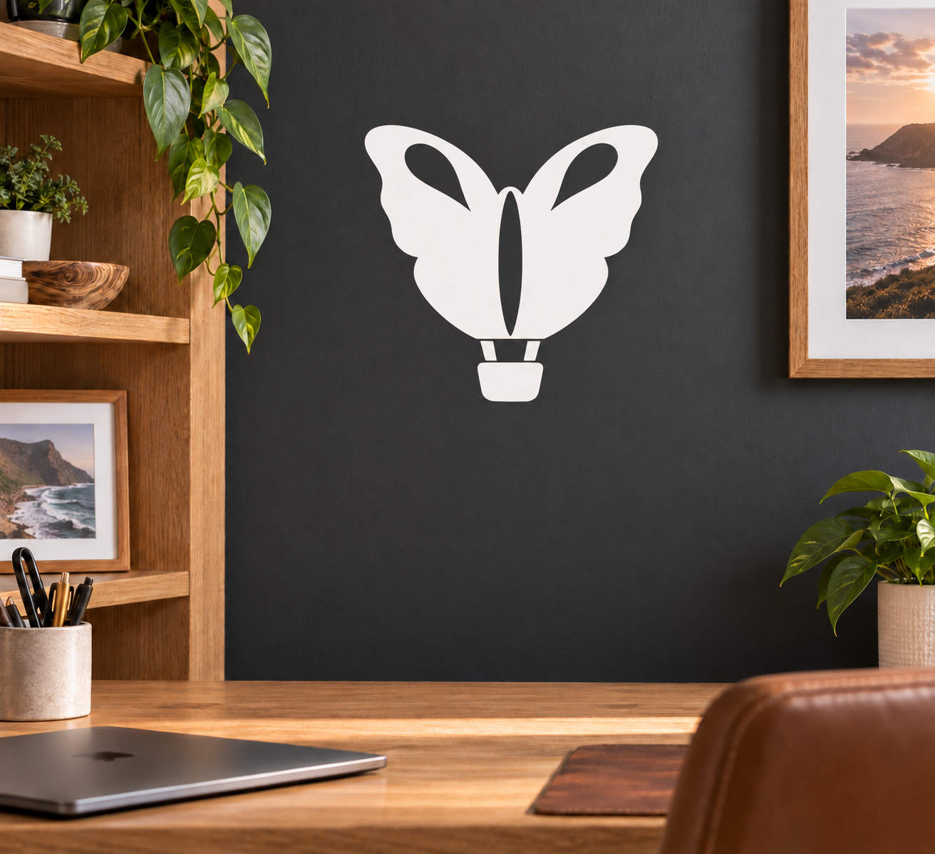 Butterfly hot air balloon vinyl decal, white silhouette with basket