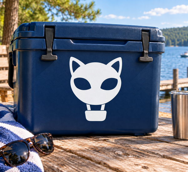 Blue cooler with white cat face vinyl decal and black closed eyes