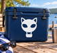 Blue cooler with white cat face vinyl decal and black closed eyes