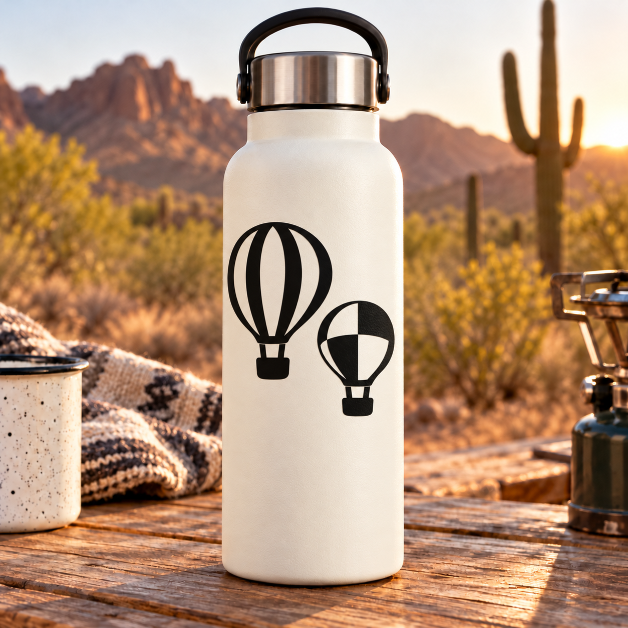 Hot air balloon vinyl decal: two black balloon graphics on white surface