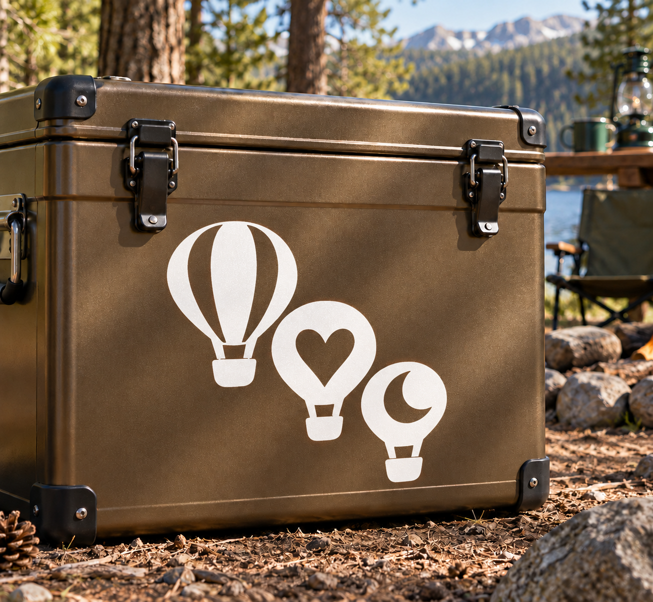Hot air balloon vinyl decal trio with heart and moon; white icons on dark hot air balloons
