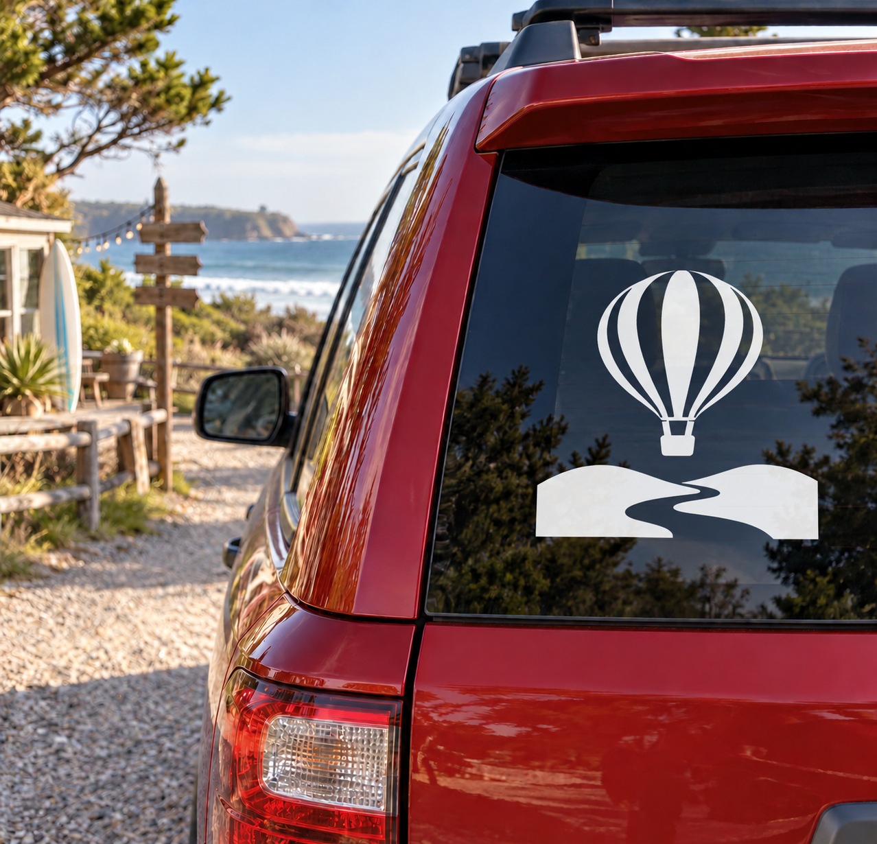 Hot air balloon vinyl decal: black-and-white balloon over rolling hills