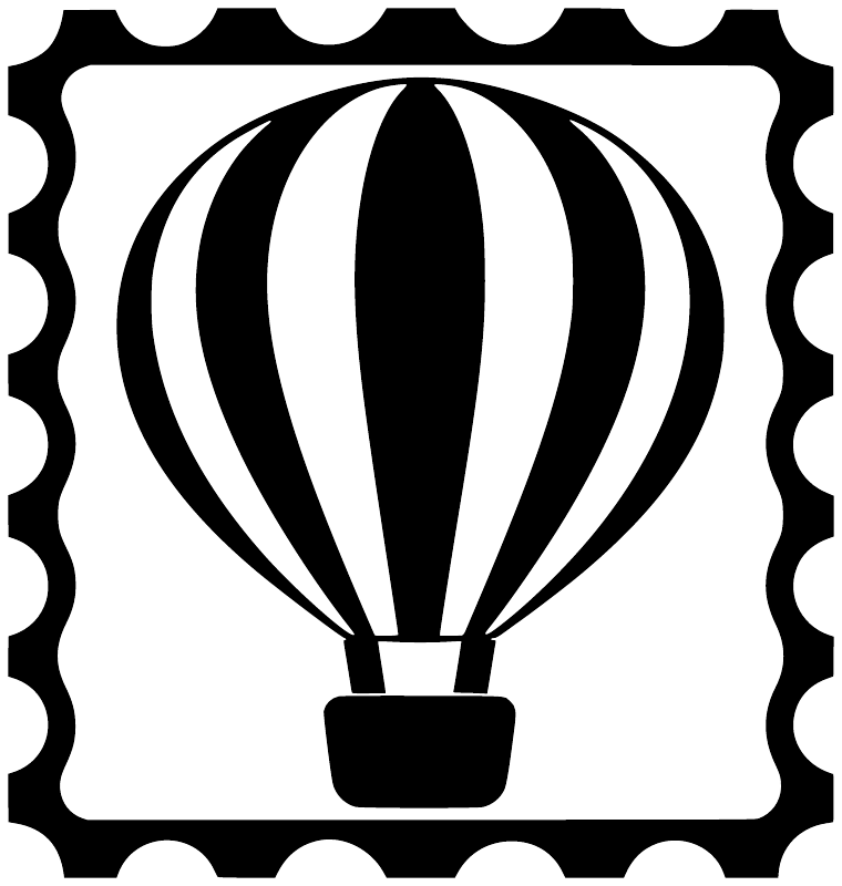 Hot air balloon stamp vinyl decal, black scalloped border with white balloon graphic